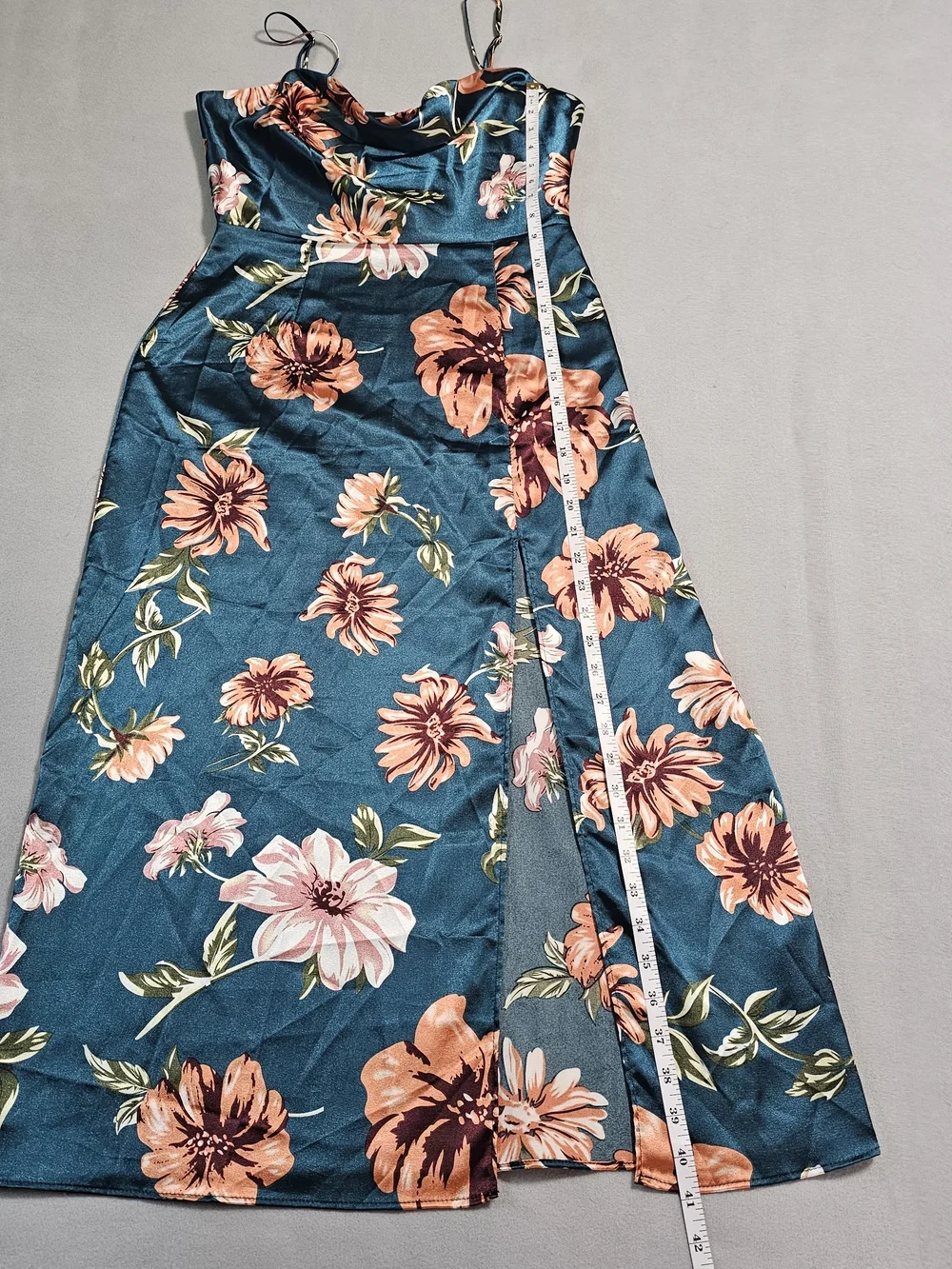 Women's Satin Floral Slip Dress Small Teal Cowl Neck Midi Cocktail Wedding Guest - Picture 6 of 8